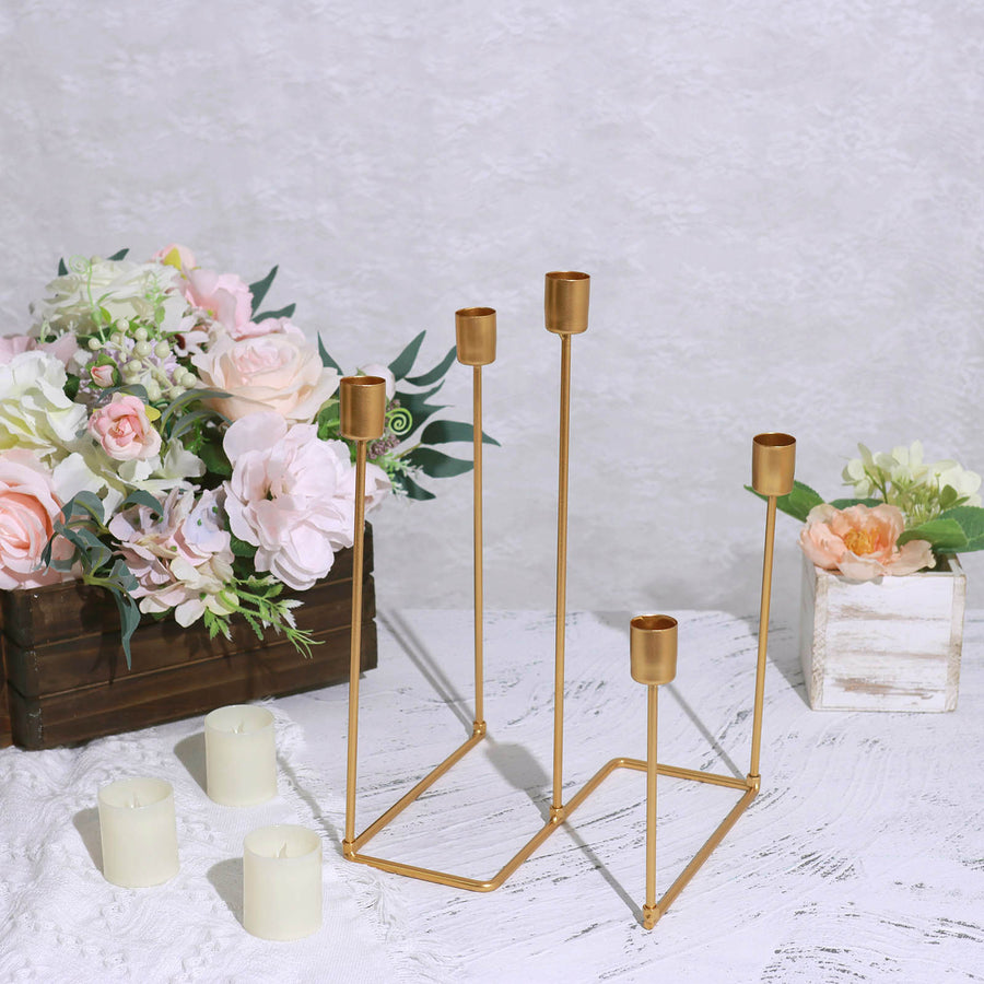 12inch Gold Metal 5-Arm Geometric Taper Candle Holder Candelabra, Wedding Table Centerpiece