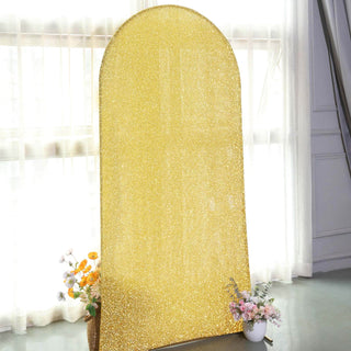 Elevate Your Event Decor with the 7ft Gold Shimmer Tinsel Spandex Chiara Backdrop Stand Cover Elevate Your Event Decor with the 7ft Gold Shimmer Tinsel Spandex Chiara Backdrop Stand Cover