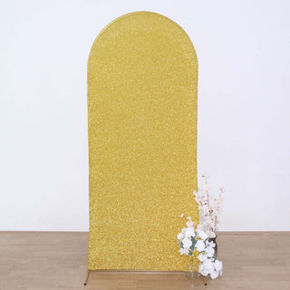 6ft Gold Shimmer Tinsel Spandex Chiara Backdrop Stand Cover for Fitted Round Top Wedding Arch 6ft Gold Shimmer Tinsel Spandex Chiara Backdrop Stand Cover for Fitted Round Top Wedding Arch