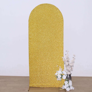 5ft Gold Shimmer Tinsel Spandex Chiara Backdrop Stand Cover for Fitted Round Top Wedding Arch 5ft Gold Shimmer Tinsel Spandex Chiara Backdrop Stand Cover for Fitted Round Top Wedding Arch