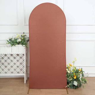 6ft Matte Terracotta (Rust) Spandex Fitted Chiara Backdrop Stand Cover for Round Top Wedding Arch 6ft Matte Terracotta (Rust) Spandex Fitted Chiara Backdrop Stand Cover for Round Top Wedding Arch