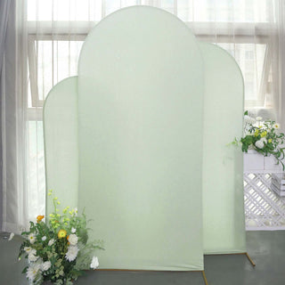 Transform Your Event Decor with the Set of 3 Matte Sage Green Spandex Fitted Chiara Backdrop Stand Covers Transform Your Event Decor with the Set of 3 Matte Sage Green Spandex Fitted Chiara Backdrop Stand Covers