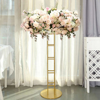 Luxury and Versatility in One: The 46" Tall Gold Metal Grand Halo Top Flower Display Stand Pedestal Luxury and Versatility in One: The 46" Tall Gold Metal Grand Halo Top Flower Display Stand Pedestal