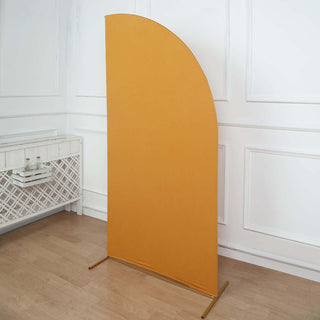 Create a Perfectly Fitted Wedding Arch with the Matte Gold Spandex Half Moon Chiara Backdrop Stand Cover Create a Perfectly Fitted Wedding Arch with the Matte Gold Spandex Half Moon Chiara Backdrop Stand Cover