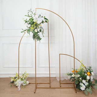 Create an Elegant Atmosphere with the 5ft Gold Metal Half Moon Floral Frame Wedding Arbor Stand Create an Elegant Atmosphere with the 5ft Gold Metal Half Moon Floral Frame Wedding Arbor Stand