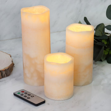 Set of 3 Ivory Flameless LED Pillar Candles, Remote Operated Battery Powered - 4", 6", 8"