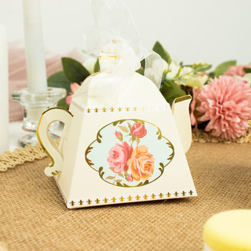 25 Pack 4" Ivory Mini Teapot Favor Boxes, Tea Time Gift Box with Ribbon