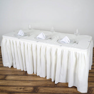 Add Elegance to Your Event with the 14ft Ivory Pleated Polyester Table Skirt Add Elegance to Your Event with the 14ft Ivory Pleated Polyester Table Skirt