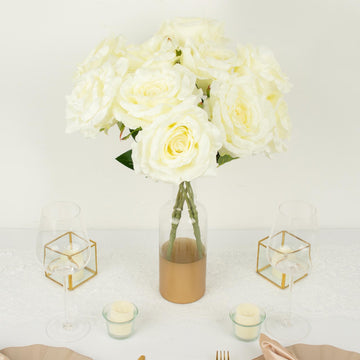 2 Bushes 17" Ivory Premium Silk Jumbo Rose Flower Bouquet, High Quality Artificial Wedding Floral Arrangements