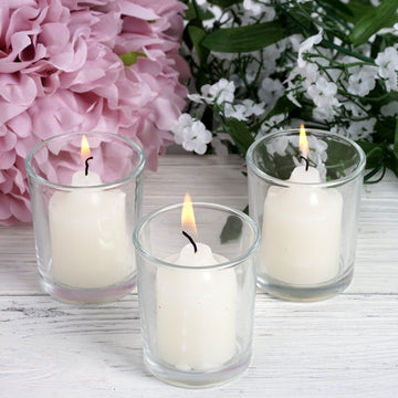 12 Pack Ivory Votive Candle and Clear Glass Votive Holder Candle Set