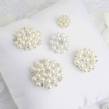 5 Pack Ivory White Dual Color Pearl and Rhinestone Brooches Floral Sash Pin Brooch Bouquet Decor