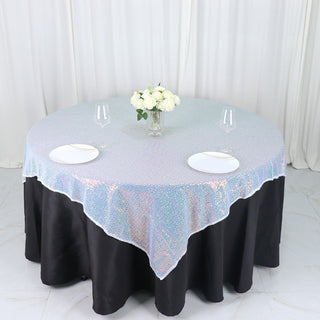 Add a Touch of Elegance with the Iridescent Blue Duchess Sequin Square Table Overlay