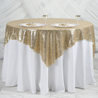 Add Elegance to Your Event with the Champagne Duchess Sequin Table Overlay