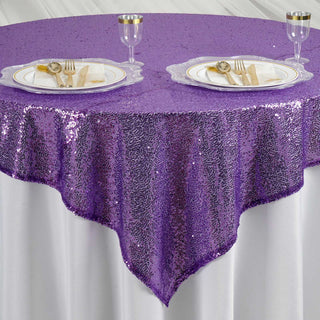 Enhance Your Event Decor with the Purple Duchess Sequin Table Overlay