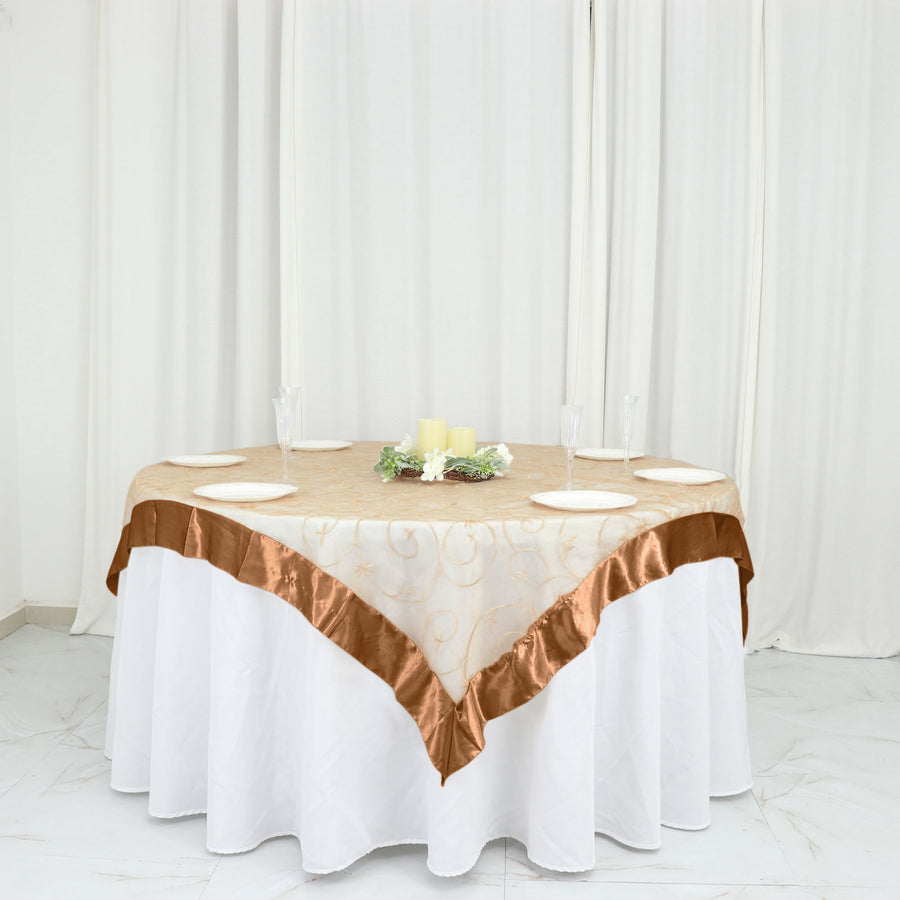 60"x60" Gold Satin Edge Embroidered Sheer Organza Square Table Overlay