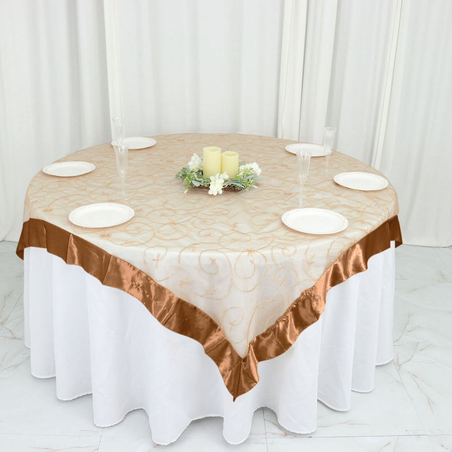 60"x60" Gold Satin Edge Embroidered Sheer Organza Square Table Overlay