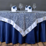 60"x60" White Satin Edge Embroidered Sheer Organza Square Table Overlay#whtbkgd