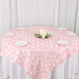 72x72inch Blush / Rose Gold 3D Rosette Satin Table Overlay, Square Tablecloth Topper