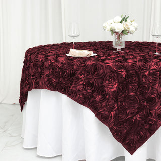 Upgrade Your Tablescape with the Burgundy 3D Rosette Satin Square Table Overlay