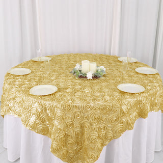 Elevate Your Wedding Decor with the Champagne 3D Rosette Satin Table Overlay