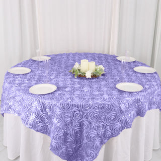 Enhance Your Tablescape with the Lavender Lilac 3D Rosette Satin Table Overlay