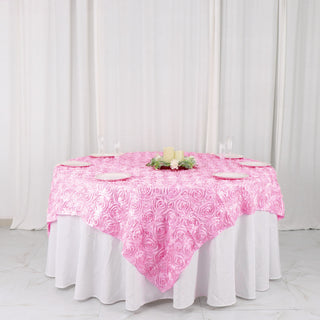 Elegant Pink 3D Rosette Satin Square Table Overlay