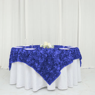 Elevate Your Tablescape with the Royal Blue 3D Rosette Satin Square Table Overlay