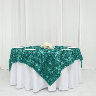 Turquoise 3D Rosette Satin Square Table Overlay - Add Elegance to Your Tablescape