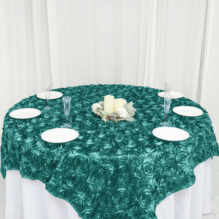 Turquoise 3D Rosette Satin Square Table Overlay - The Perfect Choice for Any Event