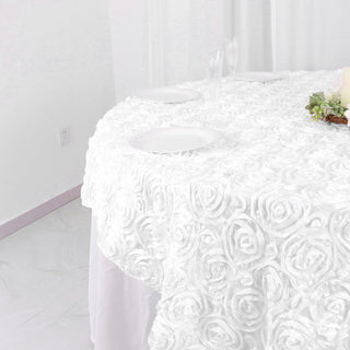 Upgrade Your Event Decor with White 3D Rosette Satin Square Table Overlay