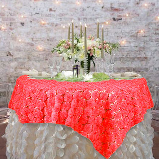 Add Elegance to Your Event with the Coral Satin 3D Blossoms Sequin Lace Square Table Overlay