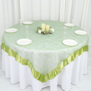 Apple Green Embroidered Sheer Organza Square Table Overlay with Satin Edge