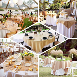 Elegant tablescapes with burlap table runners for outdoor events and weddings.