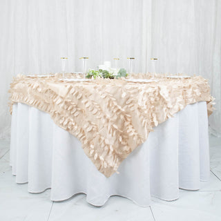Beige 3D Leaf Petal Taffeta Fabric Table Overlay - Natural Elegance for Your Table