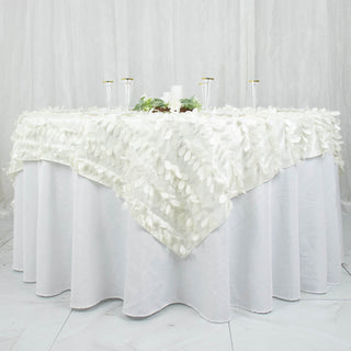 Elegant Ivory 3D Leaf Petal Taffeta Fabric Table Overlay