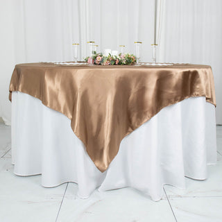 Elegant Taupe Smooth Satin Square Table Overlay