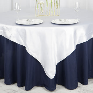 Enhance Your Table Decor with the 72x72 White Seamless Satin Square Tablecloth Overlay