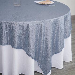 Create a Glamorous Tablescape with the Dusty Blue Premium Sequin Square Table Overlay
