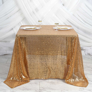 Elevate Your Event Decor with our Gold Premium Sequin Square Table Overlay