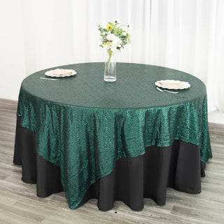 Add a Touch of Glamour with the Emerald Green Premium Sequin Square Table Overlay