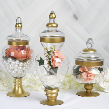 Set of 3 Large Gold Trim Glass Apothecary Party Favor Candy Jars With Snap On Lids - 10" 14" 16"