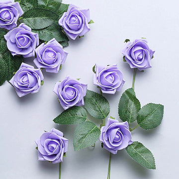 24 Roses 2" Lavender Lilac Artificial Foam Flowers With Stem Wire and Leaves