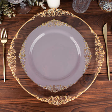 10 Pack 10" Lavender Lilac Plastic Party Plates With Gold Leaf Embossed Baroque Rim, Round Disposable Dinner Plates