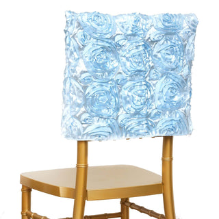 Add Elegance to Your Event with Light Blue Satin Rosette Chiavari Chair Caps