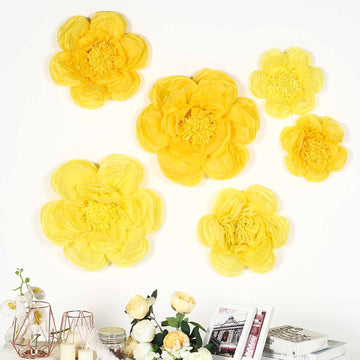 Set of 6 Light and Dark Yellow Giant Peony 3D Paper Flowers Wall Decor - 12",16",20"