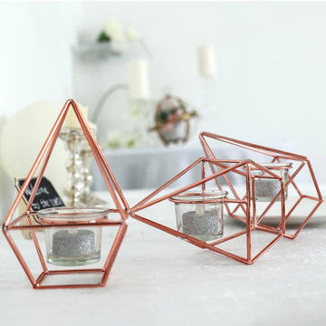 16" Rose Gold Geometric Candle Holder Set Linked Metal Geometric Centerpieces with Votive Glass Holders