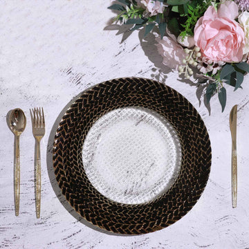 8 Pack 13" Luxurious Black Gold Braided Rim Glass Charger Plates, Clear Round Charger Plates