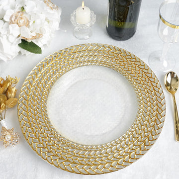 8 Pack 13" Luxurious Silver Gold Braided Rim Glass Charger Plates, Clear Round Charger Plates