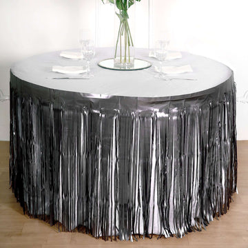 30"x9ft Matte Charcoal Gray Metallic Foil Fringe Table Skirt, Self Adhesive Tinsel Table Skirt