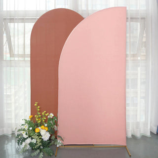Elevate Your Wedding Decor with the 7ft Matte Dusty Rose Spandex Half Moon Chiara Backdrop Stand Cover